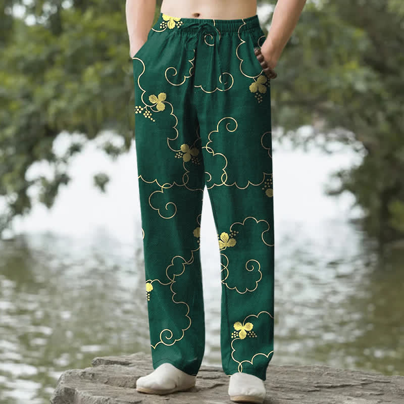Nimara Ritual Cotton Golden Floral Cloud Pattern Men's Tapered Pants With Pockets