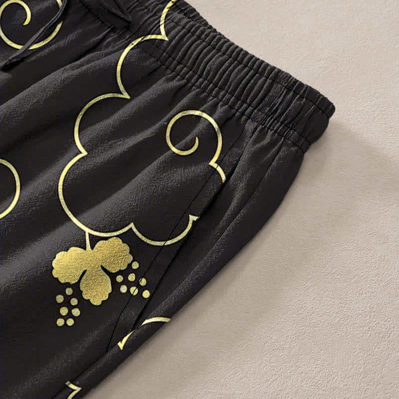 Nimara Ritual Cotton Golden Floral Cloud Pattern Men's Tapered Pants With Pockets