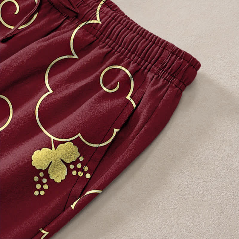Nimara Ritual Cotton Golden Floral Cloud Pattern Men's Tapered Pants With Pockets