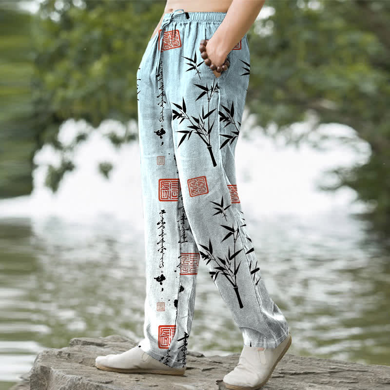 Nimara Ritual Cotton Ink Bamboo Pattern Men's Tapered Pants With Pockets