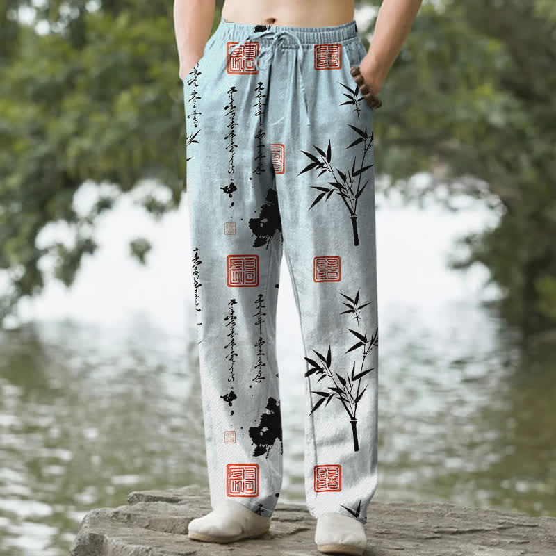 Nimara Ritual Cotton Ink Bamboo Pattern Men's Tapered Pants With Pockets