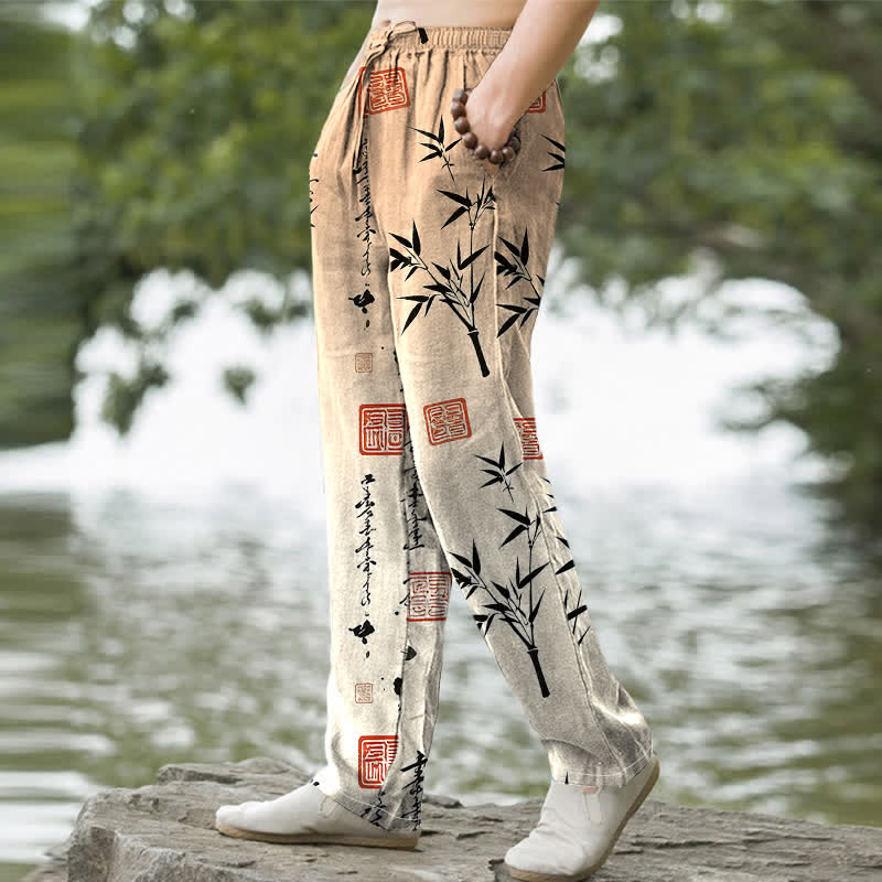 Nimara Ritual Cotton Ink Bamboo Pattern Men's Tapered Pants With Pockets