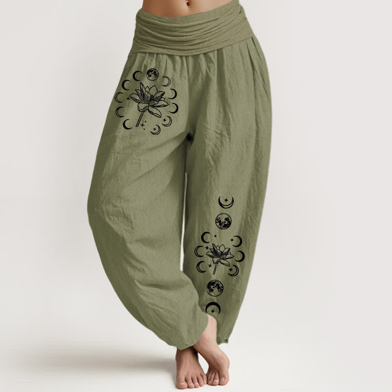 Nimara Ritual Pure Cotton Lotus Moon Phase Pattern Women's Elastic Waist Harem Pants