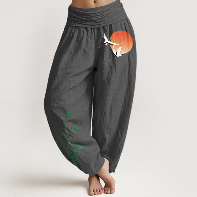 Nimara Ritual Pure Cotton Sun Crane Bamboo Pattern Women's Elastic Waist Harem Pants