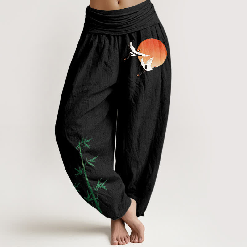 Nimara Ritual Pure Cotton Sun Crane Bamboo Pattern Women's Elastic Waist Harem Pants