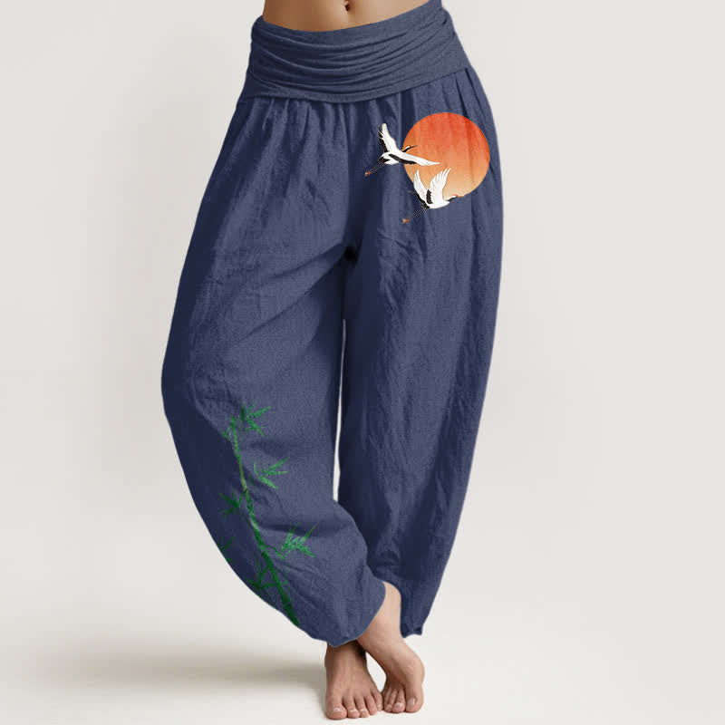 Nimara Ritual Pure Cotton Sun Crane Bamboo Pattern Women's Elastic Waist Harem Pants