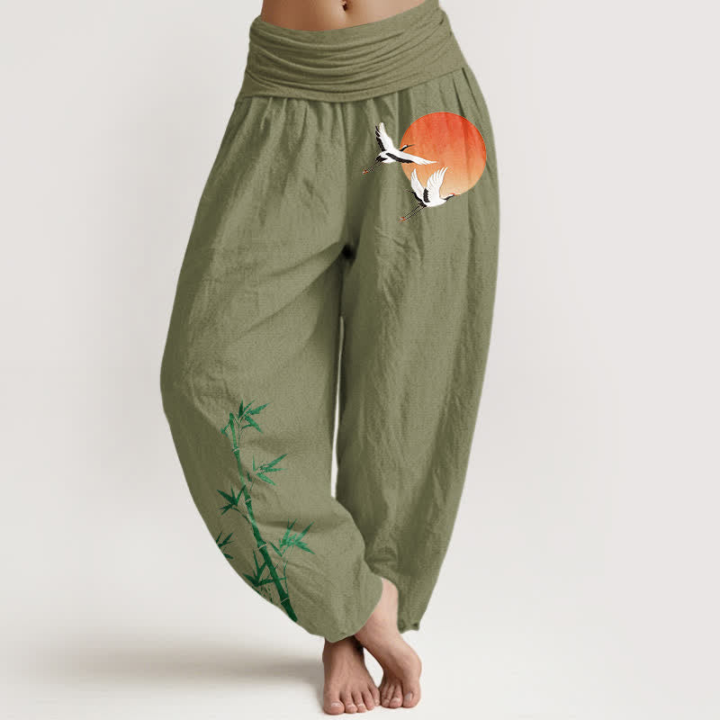 Nimara Ritual Pure Cotton Sun Crane Bamboo Pattern Women's Elastic Waist Harem Pants