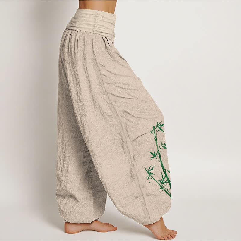 Nimara Ritual Pure Cotton Sun Crane Bamboo Pattern Women's Elastic Waist Harem Pants