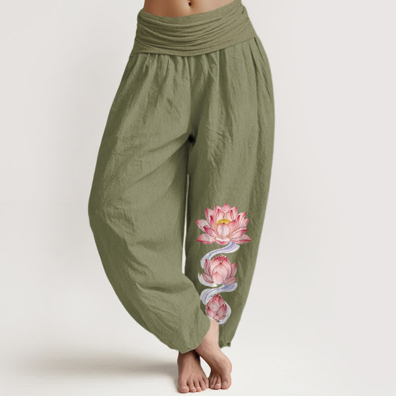 Nimara Ritual Pure Cotton Pink Lotus Pattern Women's Elastic Waist Harem Pants