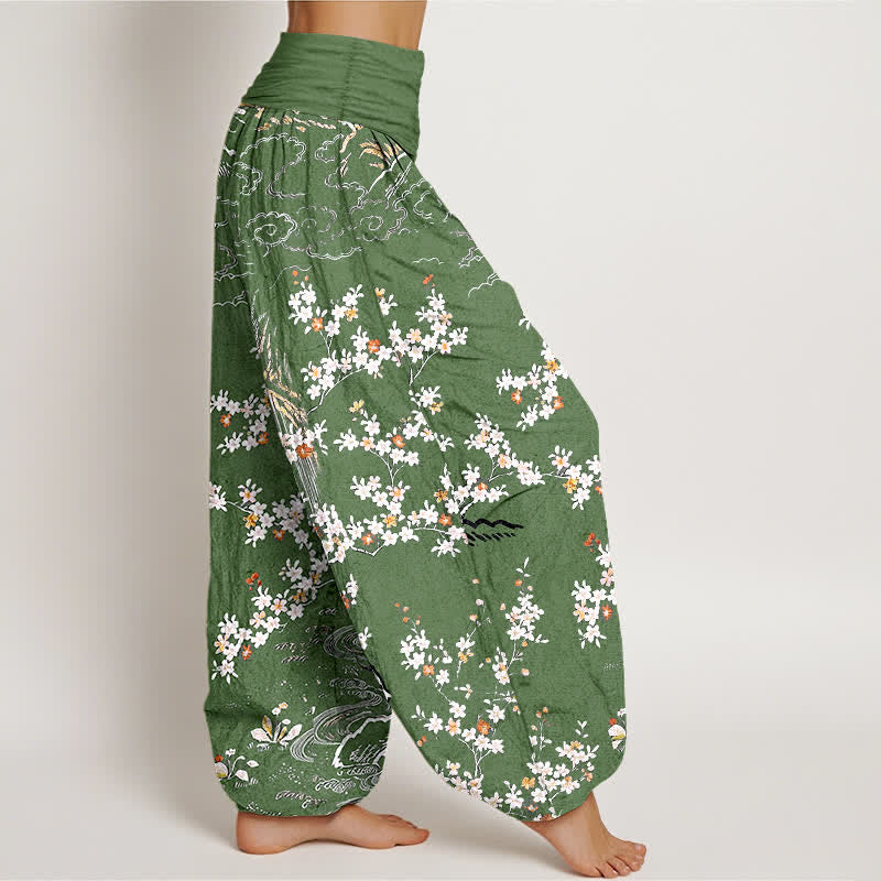 Nimara Ritual Pure Cotton White Floral Vine Auspicious Cloud Pattern Women's Elastic Waist Harem Pants