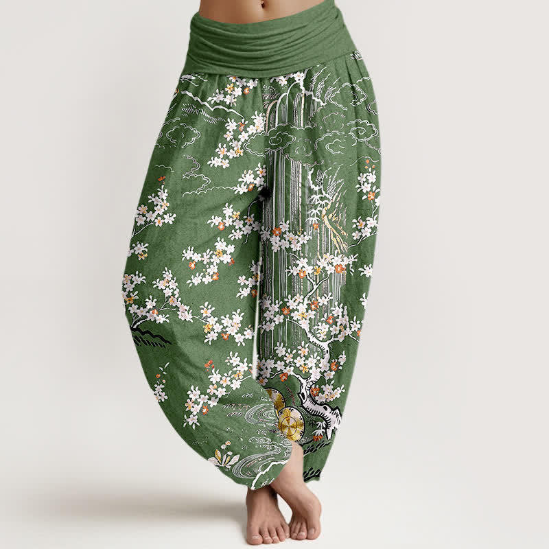 Nimara Ritual Pure Cotton White Floral Vine Auspicious Cloud Pattern Women's Elastic Waist Harem Pants