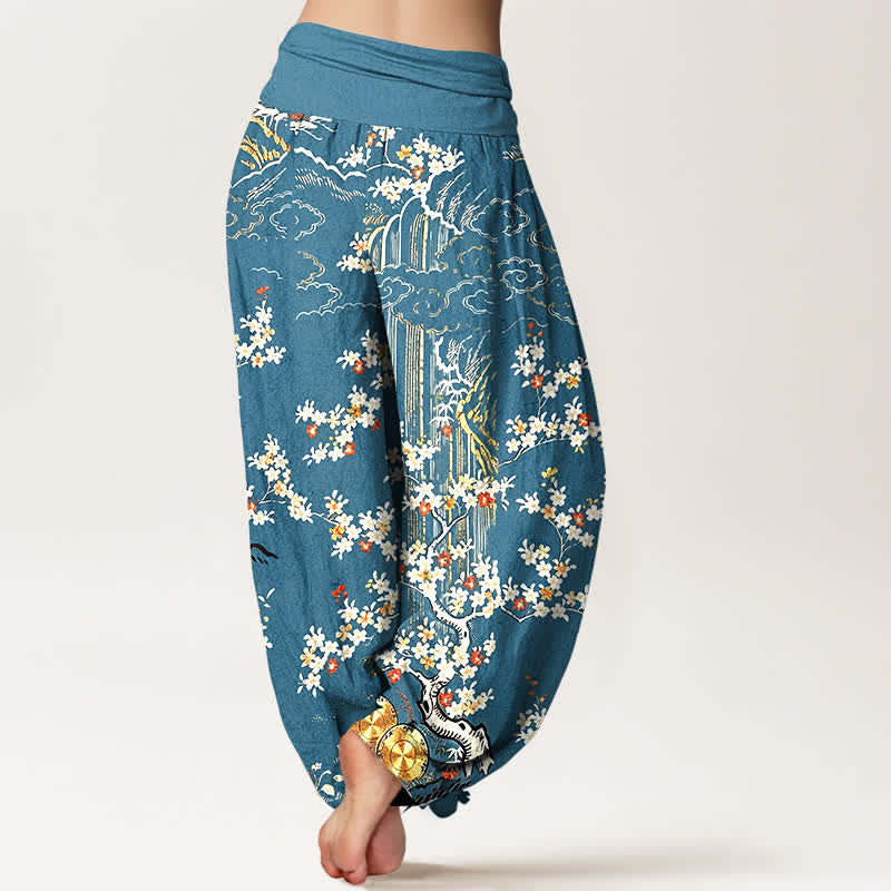 Nimara Ritual Pure Cotton White Floral Vine Auspicious Cloud Pattern Women's Elastic Waist Harem Pants