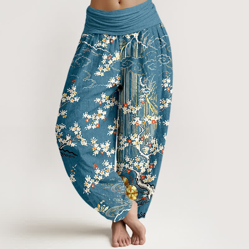 Nimara Ritual Pure Cotton White Floral Vine Auspicious Cloud Pattern Women's Elastic Waist Harem Pants