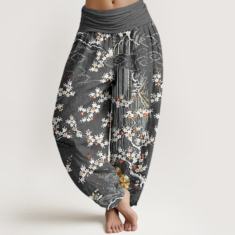 Nimara Ritual Pure Cotton White Floral Vine Auspicious Cloud Pattern Women's Elastic Waist Harem Pants
