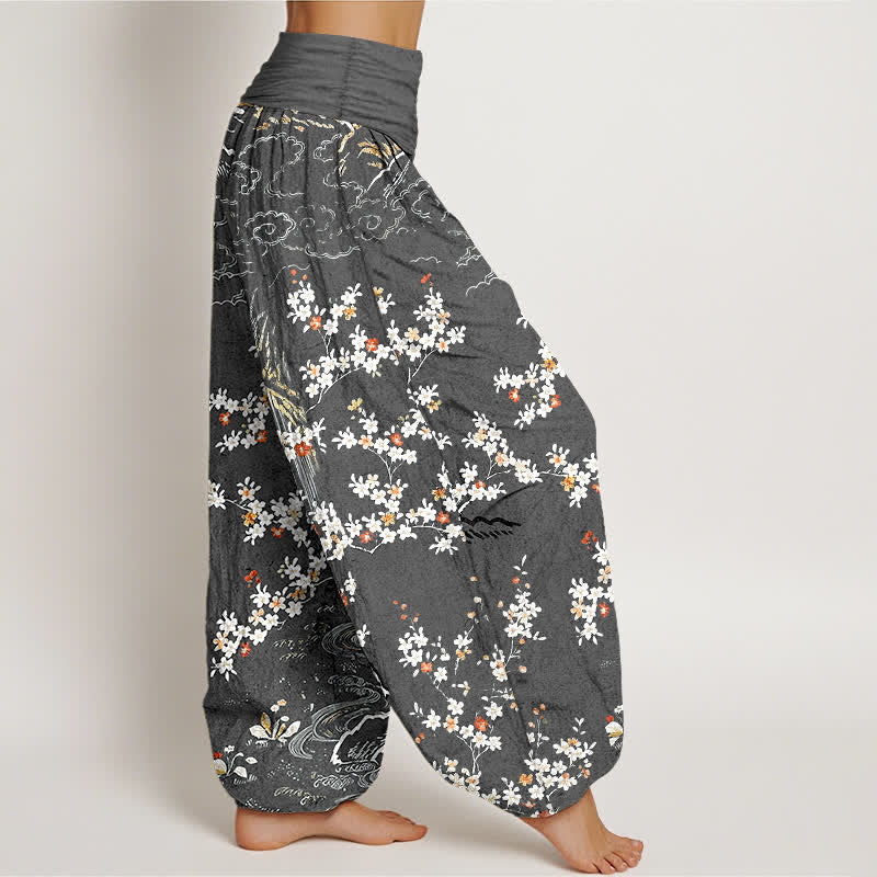 Nimara Ritual Pure Cotton White Floral Vine Auspicious Cloud Pattern Women's Elastic Waist Harem Pants