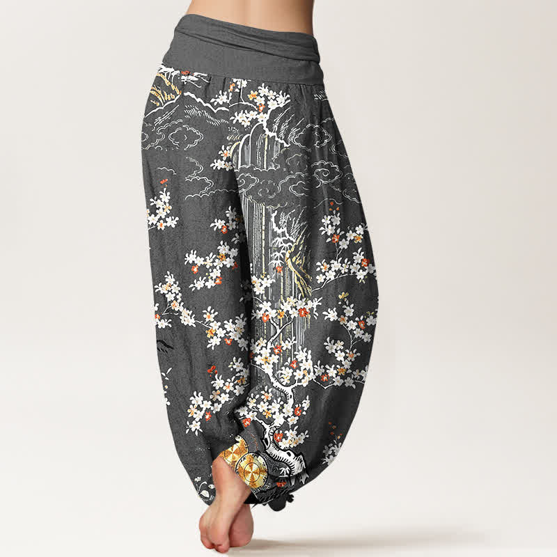 Nimara Ritual Pure Cotton White Floral Vine Auspicious Cloud Pattern Women's Elastic Waist Harem Pants