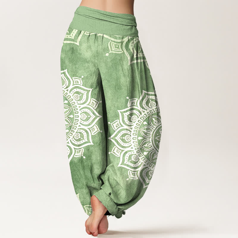 Nimara Ritual Pure Cotton White Mandala Floral Pattern Women's Elastic Waist Harem Pants