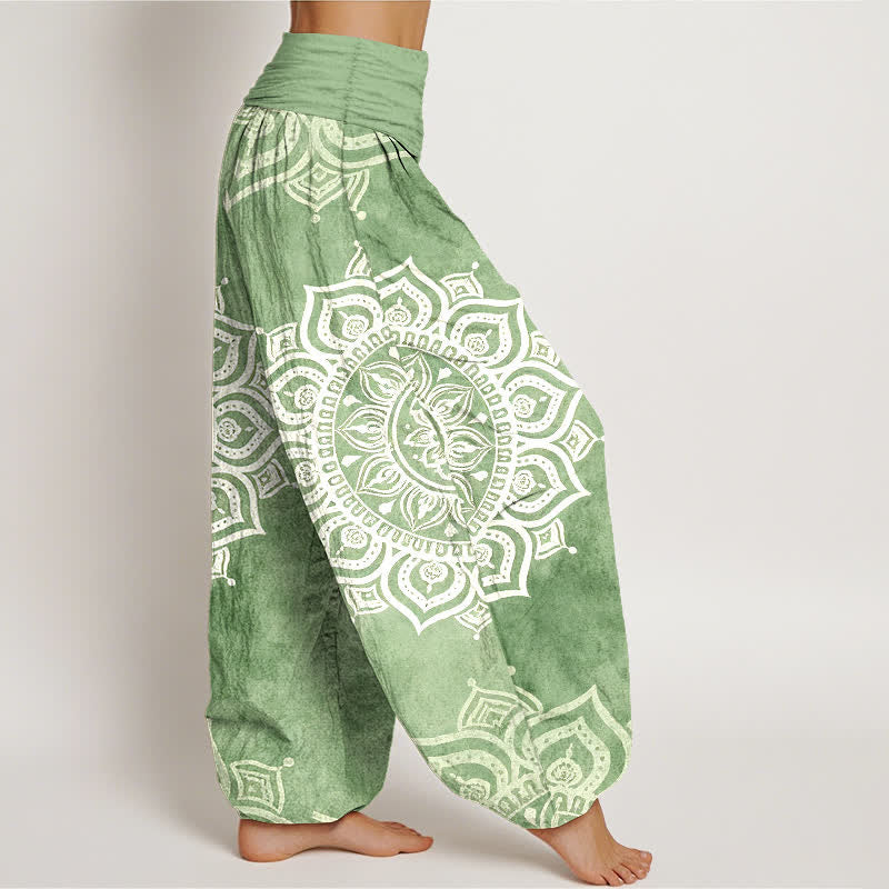 Nimara Ritual Pure Cotton White Mandala Floral Pattern Women's Elastic Waist Harem Pants
