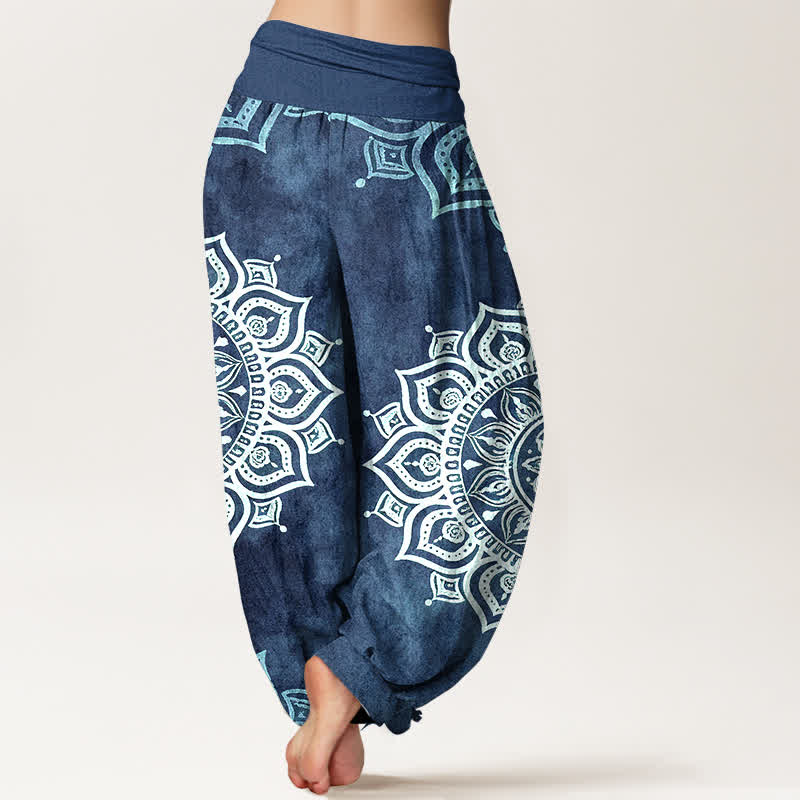 Nimara Ritual Pure Cotton White Mandala Floral Pattern Women's Elastic Waist Harem Pants