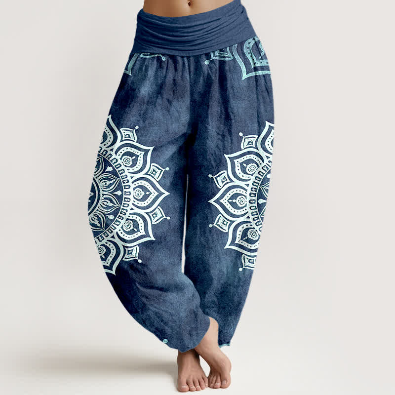 Nimara Ritual Pure Cotton White Mandala Floral Pattern Women's Elastic Waist Harem Pants