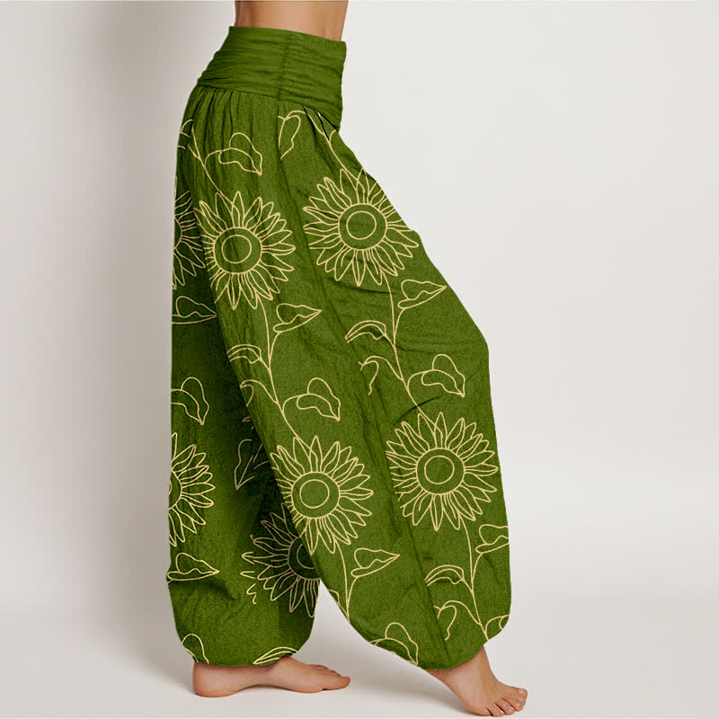 Nimara Ritual Cotton Gold Sunflower Line Art Pattern Women's Elastic Waist Harem Pants