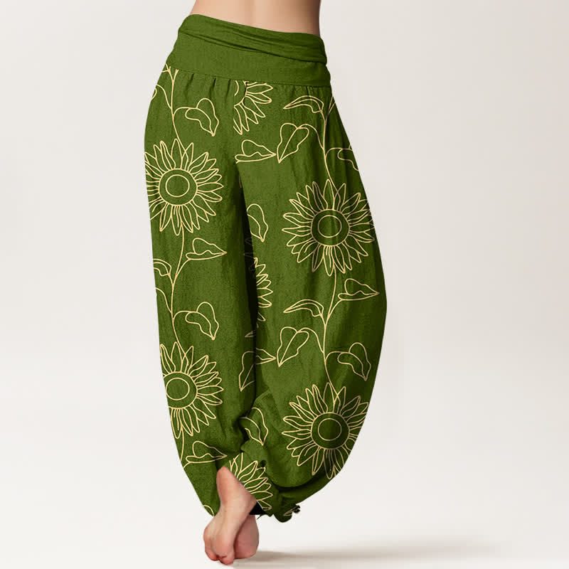 Nimara Ritual Cotton Gold Sunflower Line Art Pattern Women's Elastic Waist Harem Pants