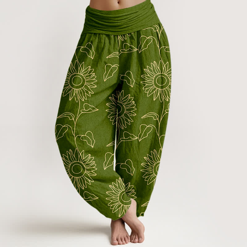 Nimara Ritual Cotton Gold Sunflower Line Art Pattern Women's Elastic Waist Harem Pants