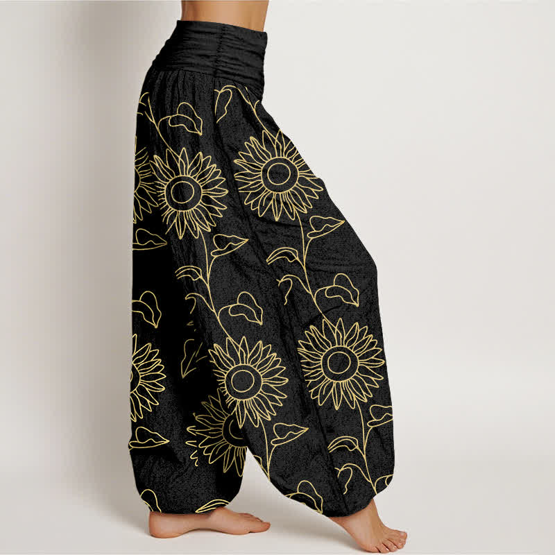 Nimara Ritual Cotton Gold Sunflower Line Art Pattern Women's Elastic Waist Harem Pants