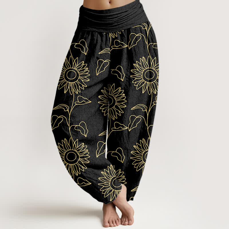 Nimara Ritual Cotton Gold Sunflower Line Art Pattern Women's Elastic Waist Harem Pants