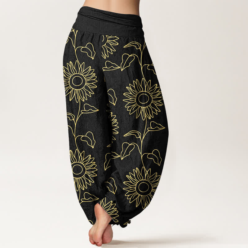 Nimara Ritual Cotton Gold Sunflower Line Art Pattern Women's Elastic Waist Harem Pants