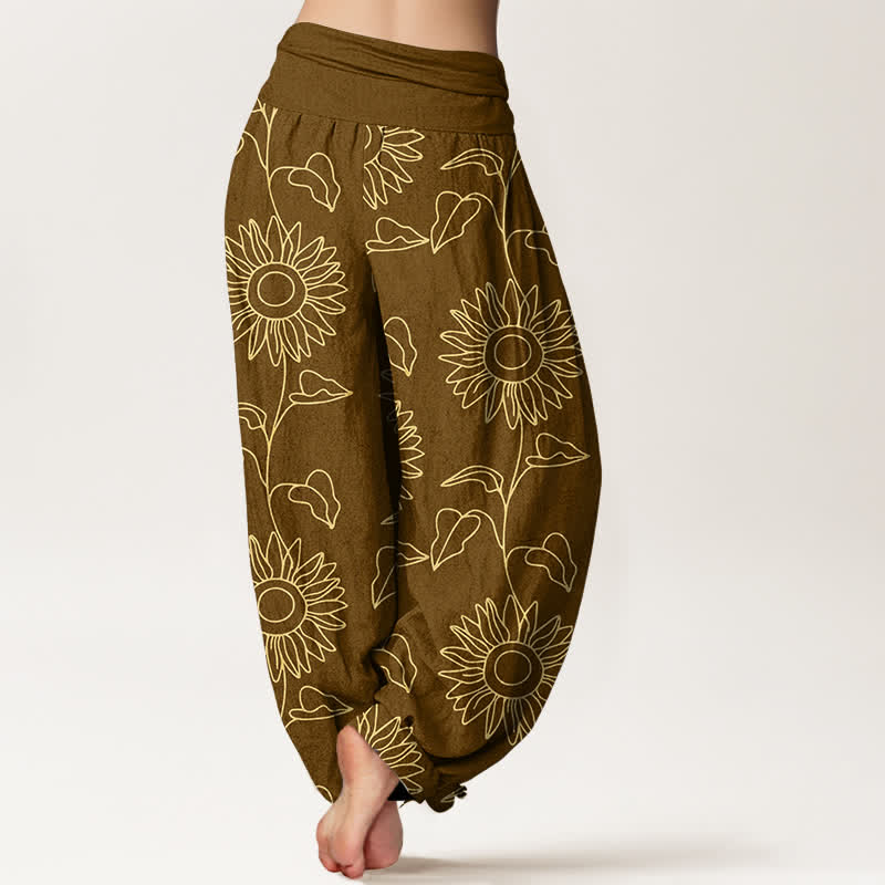 Nimara Ritual Cotton Gold Sunflower Line Art Pattern Women's Elastic Waist Harem Pants