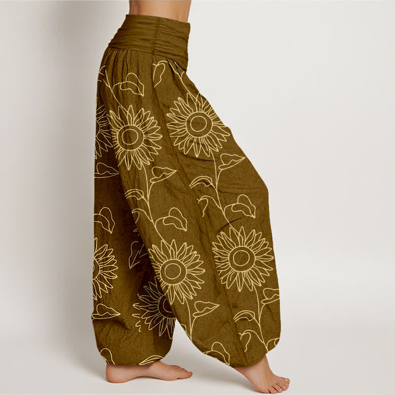 Nimara Ritual Cotton Gold Sunflower Line Art Pattern Women's Elastic Waist Harem Pants