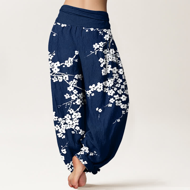 Nimara Ritual Pure Cotton White Blossom Branch Pattern Women's Elastic Waist Harem Pants