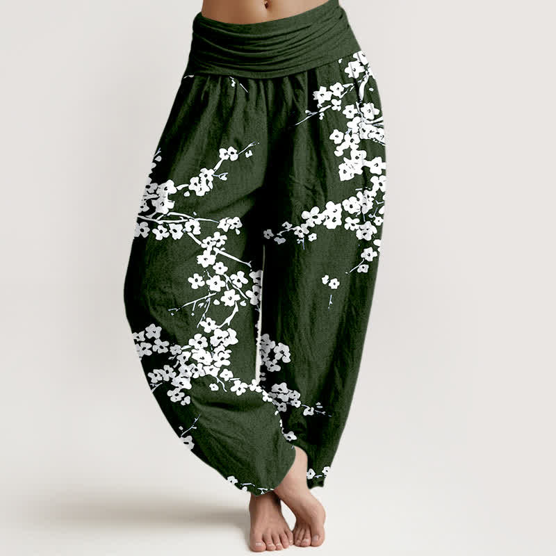 Nimara Ritual Pure Cotton White Blossom Branch Pattern Women's Elastic Waist Harem Pants