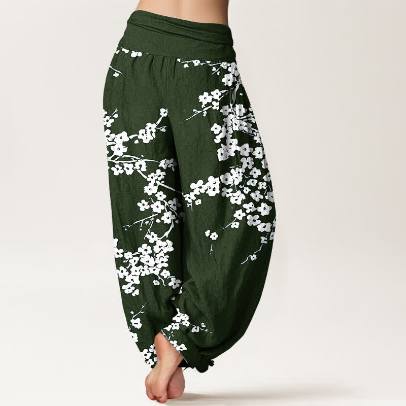 Nimara Ritual Pure Cotton White Blossom Branch Pattern Women's Elastic Waist Harem Pants