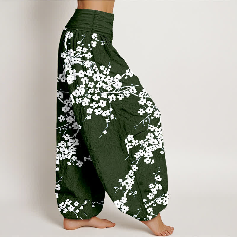 Nimara Ritual Pure Cotton White Blossom Branch Pattern Women's Elastic Waist Harem Pants