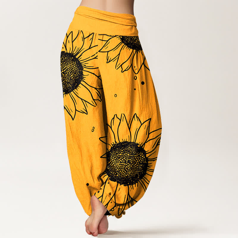 Nimara Ritual Pure Cotton Sunflower Bloom Pattern Women's Elastic Waist Harem Pants