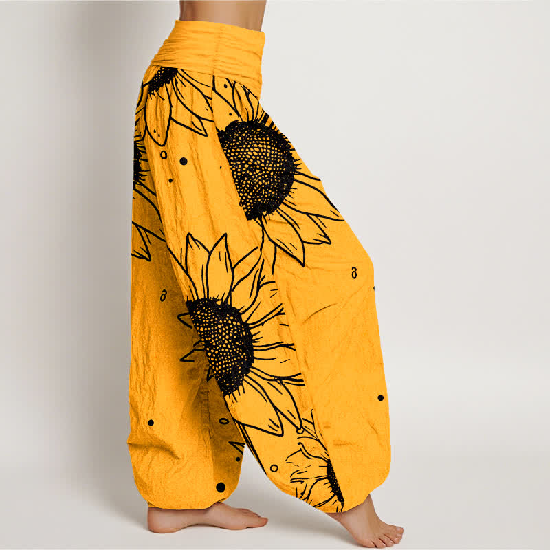 Nimara Ritual Pure Cotton Sunflower Bloom Pattern Women's Elastic Waist Harem Pants