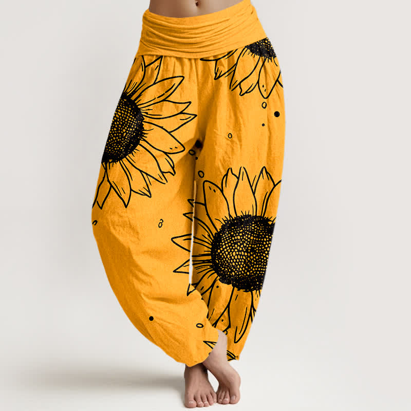 Nimara Ritual Pure Cotton Sunflower Bloom Pattern Women's Elastic Waist Harem Pants