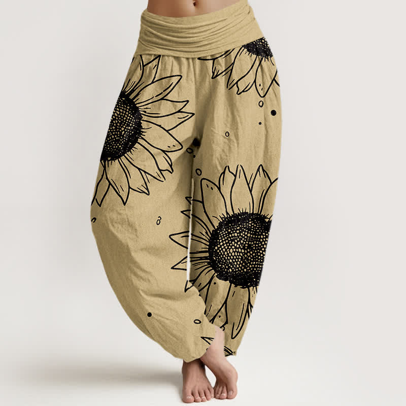 Nimara Ritual Pure Cotton Sunflower Bloom Pattern Women's Elastic Waist Harem Pants