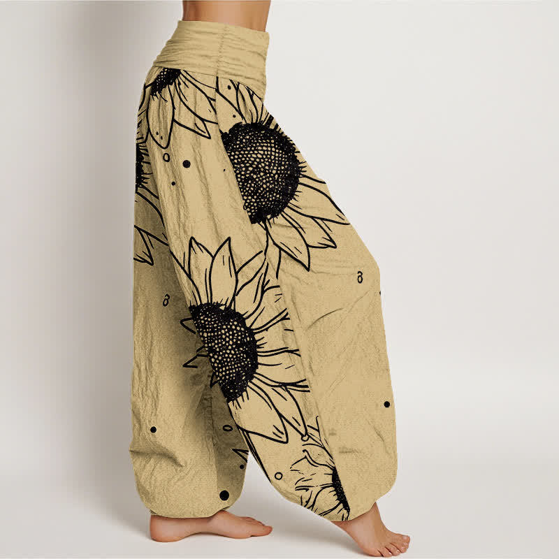 Nimara Ritual Pure Cotton Sunflower Bloom Pattern Women's Elastic Waist Harem Pants