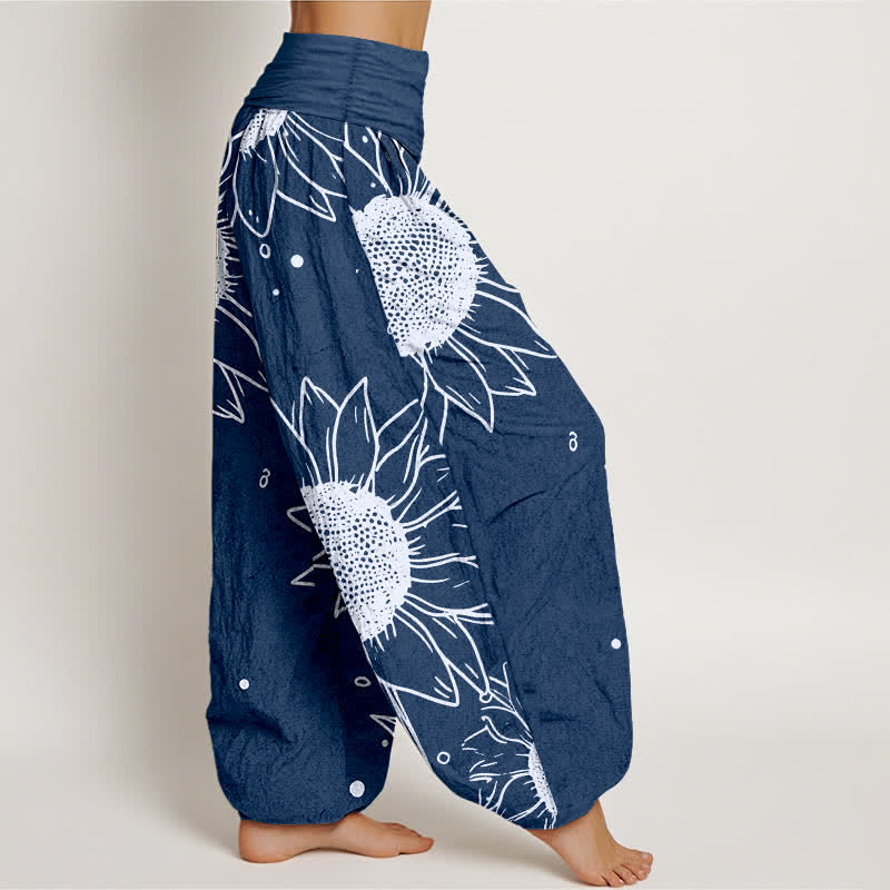 Nimara Ritual Pure Cotton Sunflower Bloom Pattern Women's Elastic Waist Harem Pants