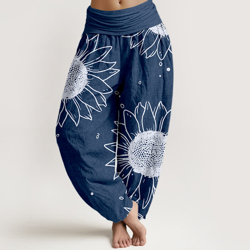 Nimara Ritual Pure Cotton Sunflower Bloom Pattern Women's Elastic Waist Harem Pants
