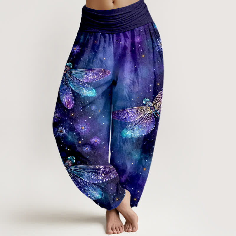 Nimara Ritual Cotton Dreamy Dragonfly Flower Pattern Women's Elastic Waist Harem Pants