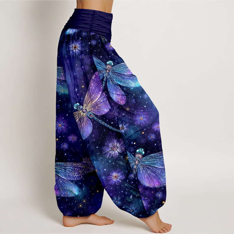 Nimara Ritual Cotton Dreamy Dragonfly Flower Pattern Women's Elastic Waist Harem Pants