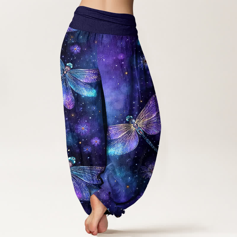Nimara Ritual Cotton Dreamy Dragonfly Flower Pattern Women's Elastic Waist Harem Pants