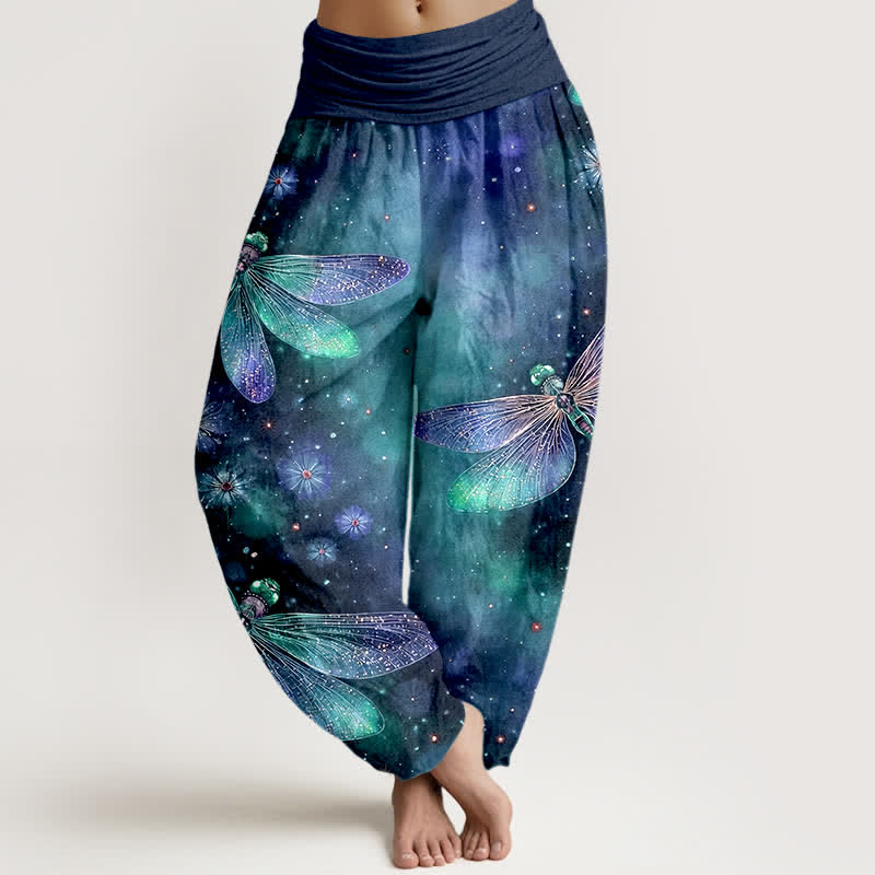 Nimara Ritual Cotton Dreamy Dragonfly Flower Pattern Women's Elastic Waist Harem Pants