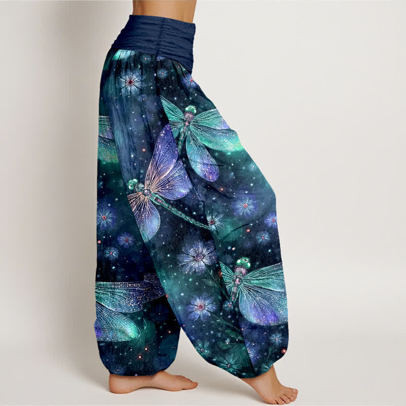 Nimara Ritual Cotton Dreamy Dragonfly Flower Pattern Women's Elastic Waist Harem Pants
