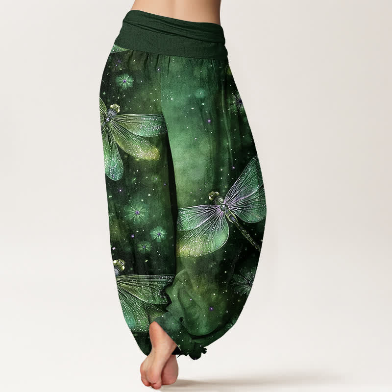 Nimara Ritual Cotton Dreamy Dragonfly Flower Pattern Women's Elastic Waist Harem Pants