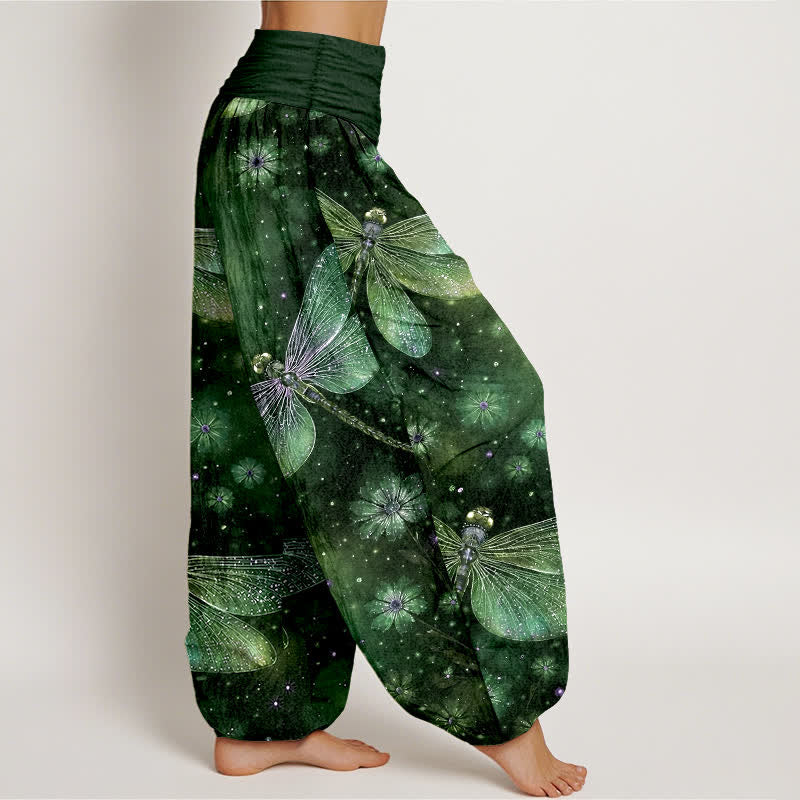 Nimara Ritual Cotton Dreamy Dragonfly Flower Pattern Women's Elastic Waist Harem Pants
